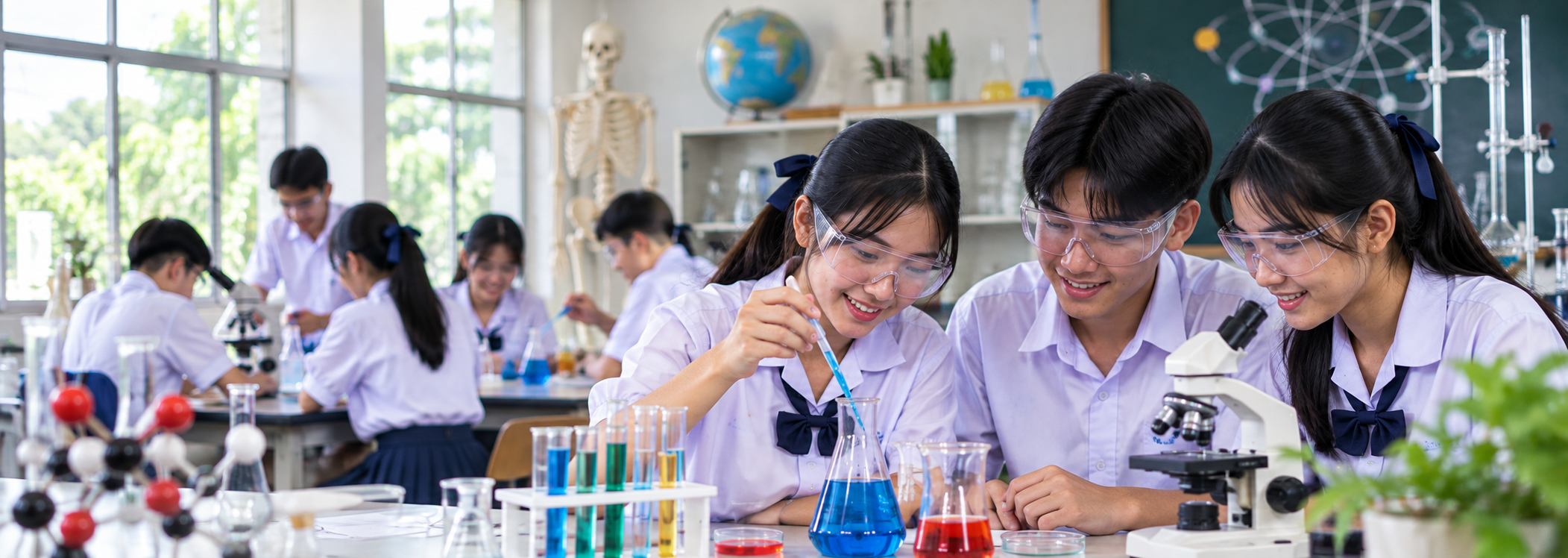 นักเรียนเรียนรู้ร่วมกันในห้องปฏิบัติการวิทยาศาสตร์